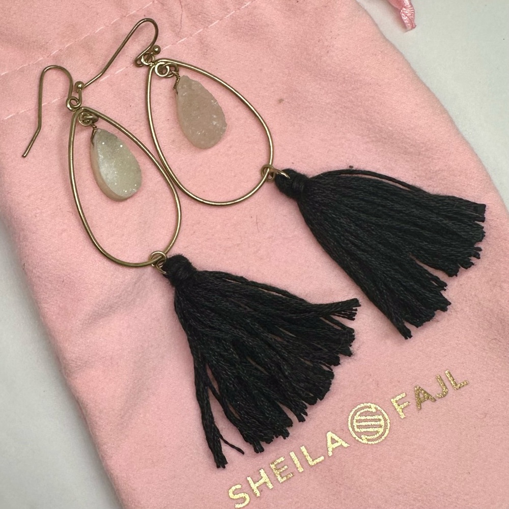 NEW Sheila Fajl Druzy Stone Tassel Earrings White Gold Chain Hoops Black Pair